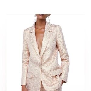 Zara Women’s Blazer Pink Gold Jacquard Floral Pattern Small Rose Gold